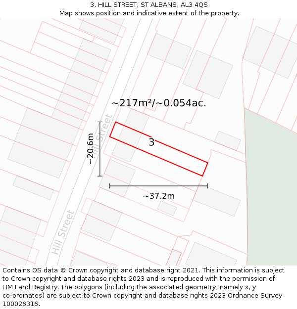 3, HILL STREET, ST ALBANS, AL3 4QS: Plot and title map