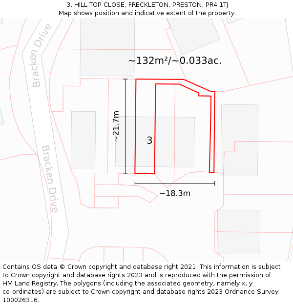 3, HILL TOP CLOSE, FRECKLETON, PRESTON, PR4 1TJ: Plot and title map