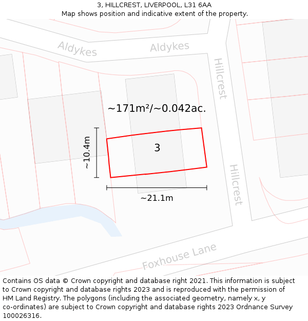 3, HILLCREST, LIVERPOOL, L31 6AA: Plot and title map