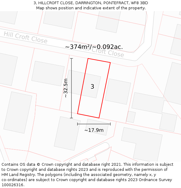 3, HILLCROFT CLOSE, DARRINGTON, PONTEFRACT, WF8 3BD: Plot and title map