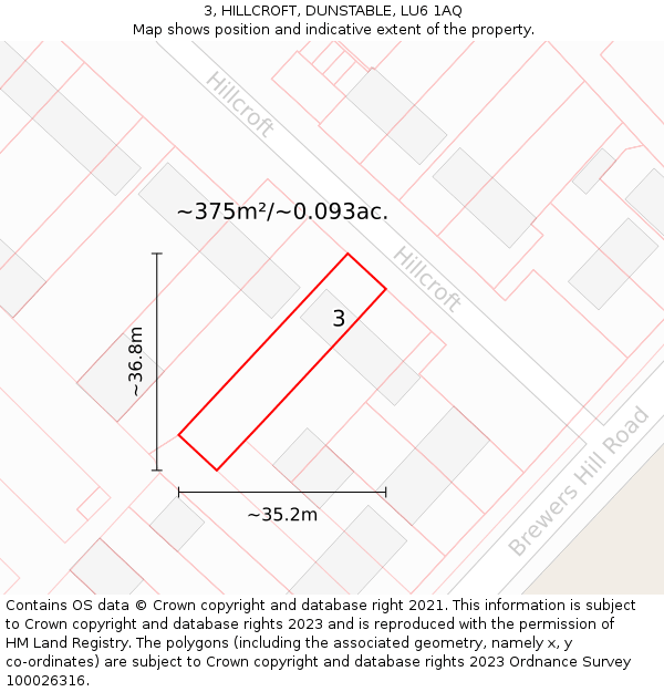 3, HILLCROFT, DUNSTABLE, LU6 1AQ: Plot and title map