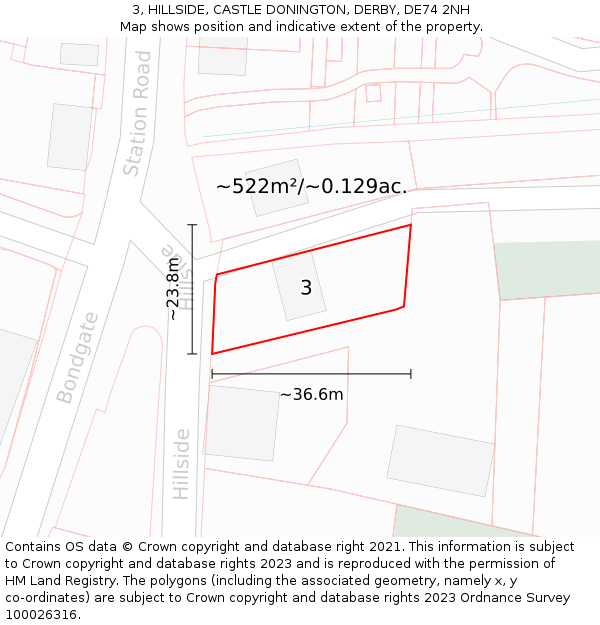 3, HILLSIDE, CASTLE DONINGTON, DERBY, DE74 2NH: Plot and title map