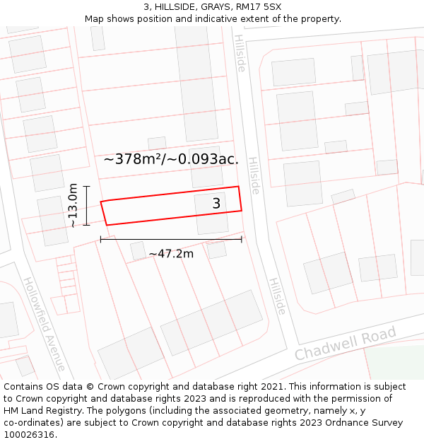 3, HILLSIDE, GRAYS, RM17 5SX: Plot and title map