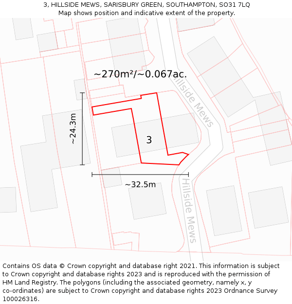 3, HILLSIDE MEWS, SARISBURY GREEN, SOUTHAMPTON, SO31 7LQ: Plot and title map