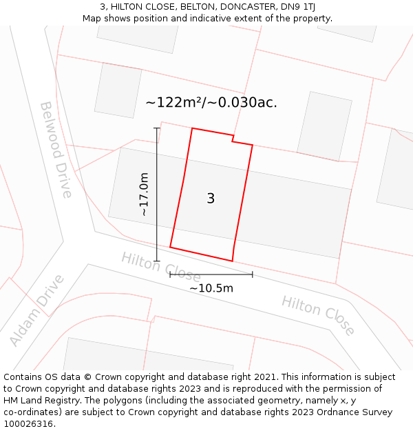 3, HILTON CLOSE, BELTON, DONCASTER, DN9 1TJ: Plot and title map