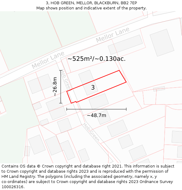 3, HOB GREEN, MELLOR, BLACKBURN, BB2 7EP: Plot and title map