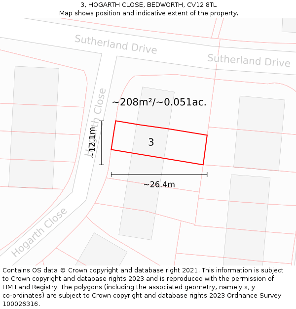 3, HOGARTH CLOSE, BEDWORTH, CV12 8TL: Plot and title map