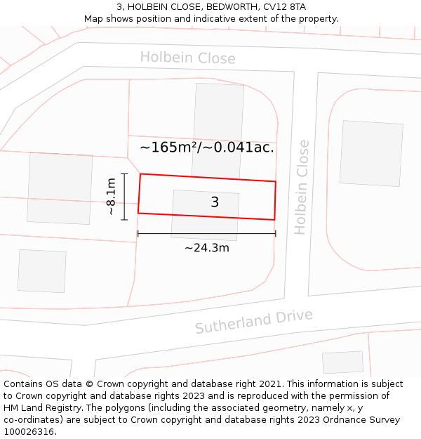 3, HOLBEIN CLOSE, BEDWORTH, CV12 8TA: Plot and title map