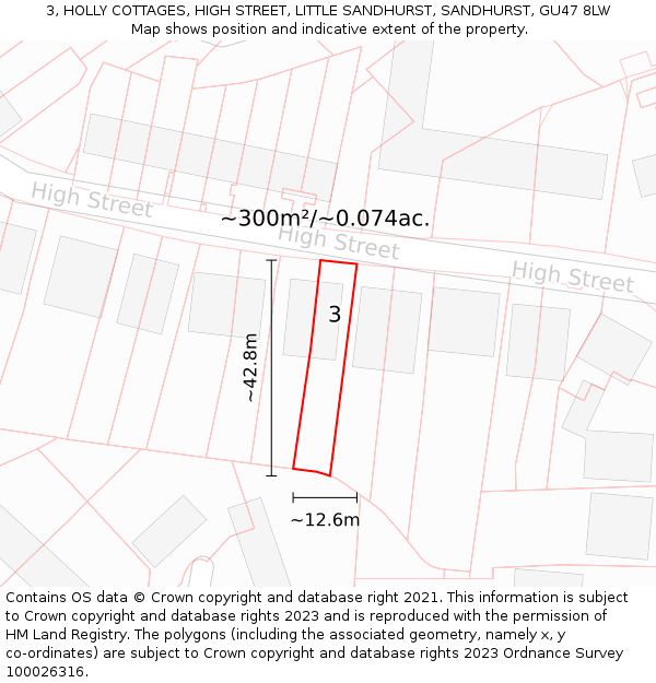 3, HOLLY COTTAGES, HIGH STREET, LITTLE SANDHURST, SANDHURST, GU47 8LW: Plot and title map
