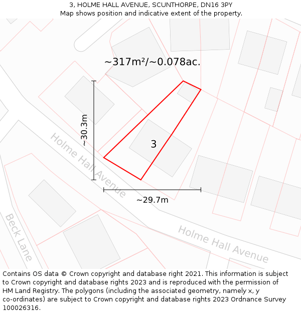 3, HOLME HALL AVENUE, SCUNTHORPE, DN16 3PY: Plot and title map