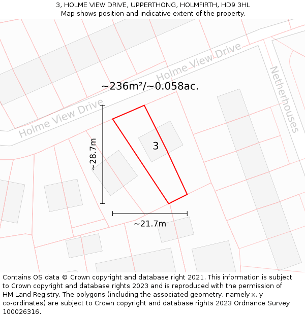 3, HOLME VIEW DRIVE, UPPERTHONG, HOLMFIRTH, HD9 3HL: Plot and title map