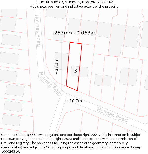 3, HOLMES ROAD, STICKNEY, BOSTON, PE22 8AZ: Plot and title map