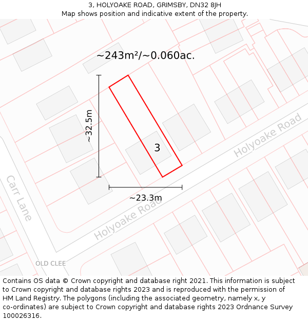 3, HOLYOAKE ROAD, GRIMSBY, DN32 8JH: Plot and title map