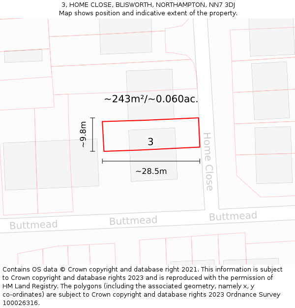 3, HOME CLOSE, BLISWORTH, NORTHAMPTON, NN7 3DJ: Plot and title map
