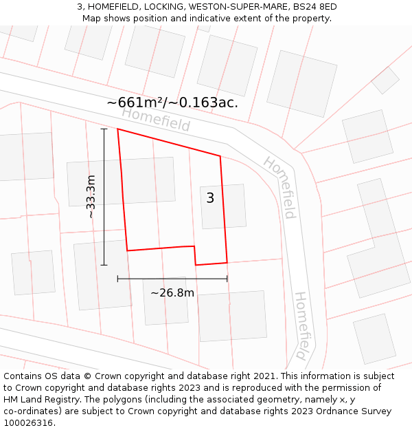 3, HOMEFIELD, LOCKING, WESTON-SUPER-MARE, BS24 8ED: Plot and title map