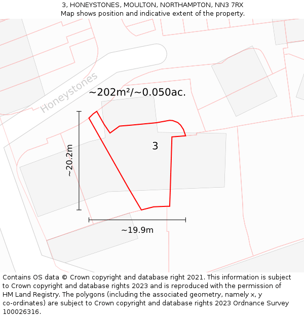 3, HONEYSTONES, MOULTON, NORTHAMPTON, NN3 7RX: Plot and title map