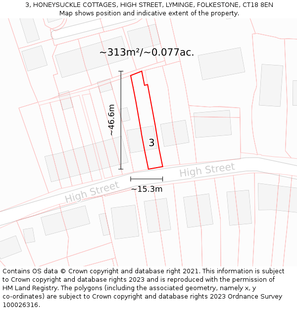 3, HONEYSUCKLE COTTAGES, HIGH STREET, LYMINGE, FOLKESTONE, CT18 8EN: Plot and title map