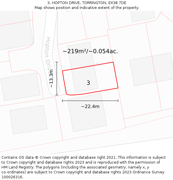 3, HOPTON DRIVE, TORRINGTON, EX38 7DE: Plot and title map