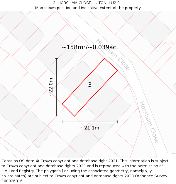3, HORSHAM CLOSE, LUTON, LU2 8JH: Plot and title map