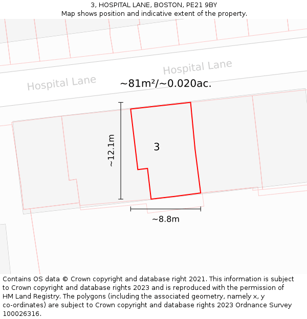 3, HOSPITAL LANE, BOSTON, PE21 9BY: Plot and title map