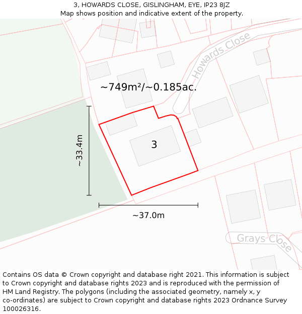 3, HOWARDS CLOSE, GISLINGHAM, EYE, IP23 8JZ: Plot and title map