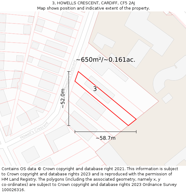 3, HOWELLS CRESCENT, CARDIFF, CF5 2AJ: Plot and title map