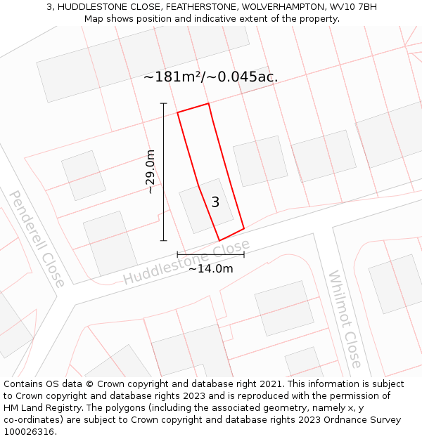 3, HUDDLESTONE CLOSE, FEATHERSTONE, WOLVERHAMPTON, WV10 7BH: Plot and title map