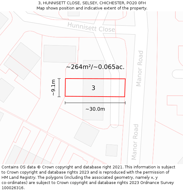 3, HUNNISETT CLOSE, SELSEY, CHICHESTER, PO20 0FH: Plot and title map