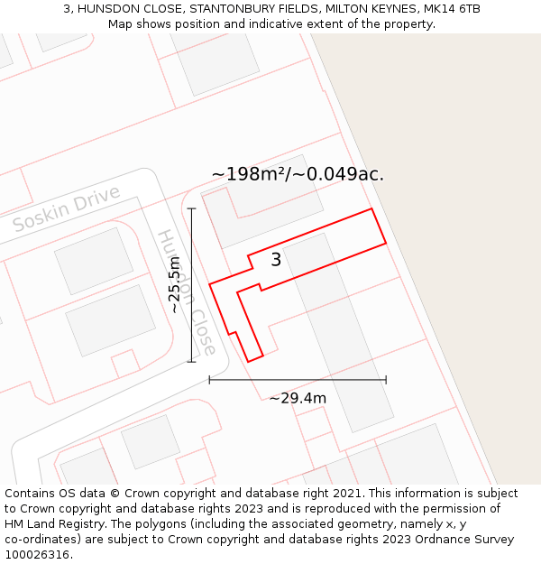 3, HUNSDON CLOSE, STANTONBURY FIELDS, MILTON KEYNES, MK14 6TB: Plot and title map