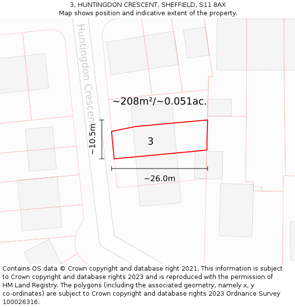 3, HUNTINGDON CRESCENT, SHEFFIELD, S11 8AX: Plot and title map