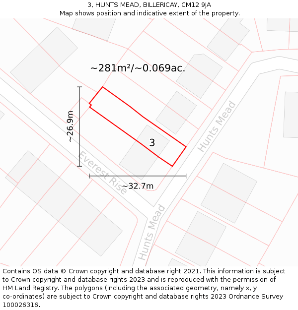 3, HUNTS MEAD, BILLERICAY, CM12 9JA: Plot and title map
