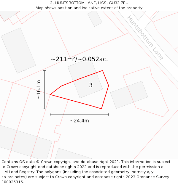 3, HUNTSBOTTOM LANE, LISS, GU33 7EU: Plot and title map