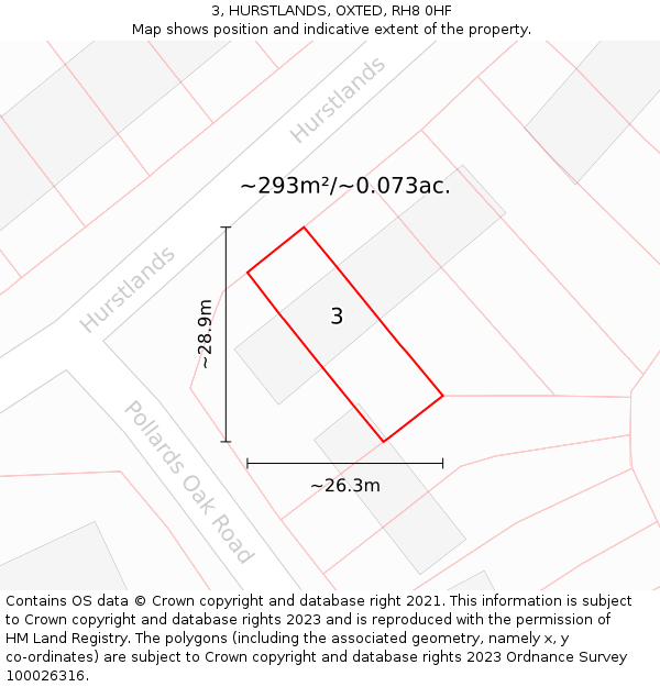 3, HURSTLANDS, OXTED, RH8 0HF: Plot and title map