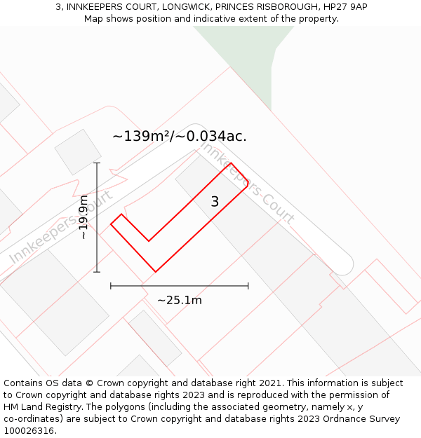 3, INNKEEPERS COURT, LONGWICK, PRINCES RISBOROUGH, HP27 9AP: Plot and title map