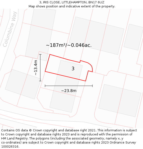 3, IRIS CLOSE, LITTLEHAMPTON, BN17 6UZ: Plot and title map