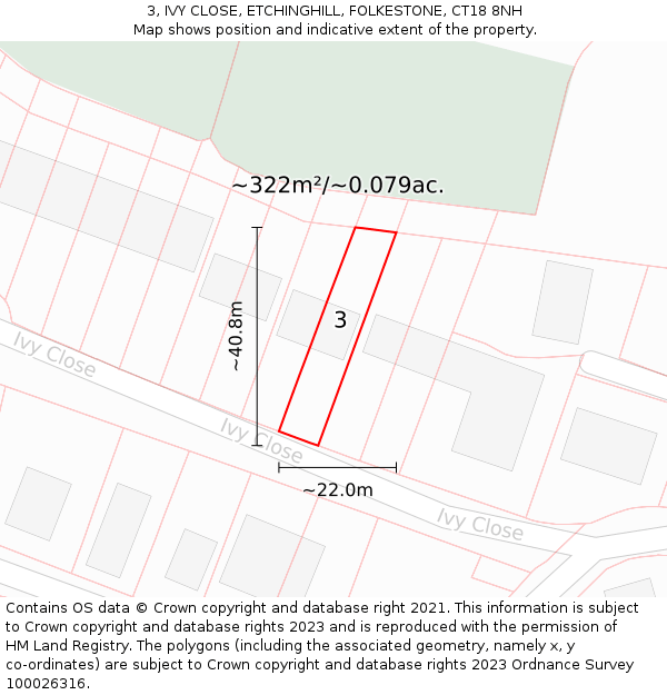 3, IVY CLOSE, ETCHINGHILL, FOLKESTONE, CT18 8NH: Plot and title map