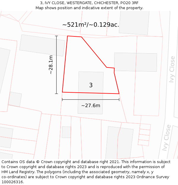 3, IVY CLOSE, WESTERGATE, CHICHESTER, PO20 3RF: Plot and title map