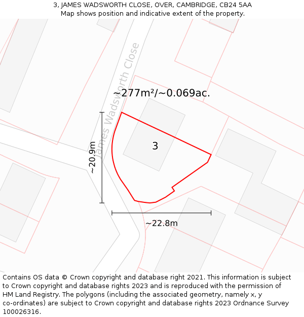 3, JAMES WADSWORTH CLOSE, OVER, CAMBRIDGE, CB24 5AA: Plot and title map