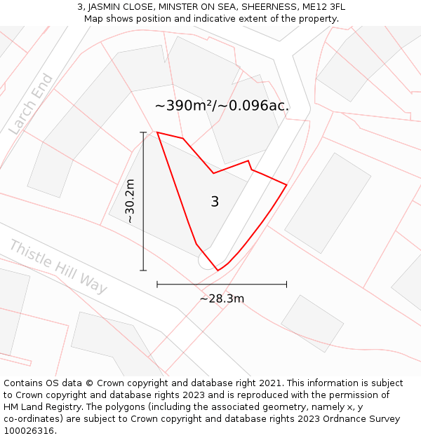 3, JASMIN CLOSE, MINSTER ON SEA, SHEERNESS, ME12 3FL: Plot and title map
