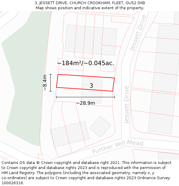 3, JESSETT DRIVE, CHURCH CROOKHAM, FLEET, GU52 0XB: Plot and title map