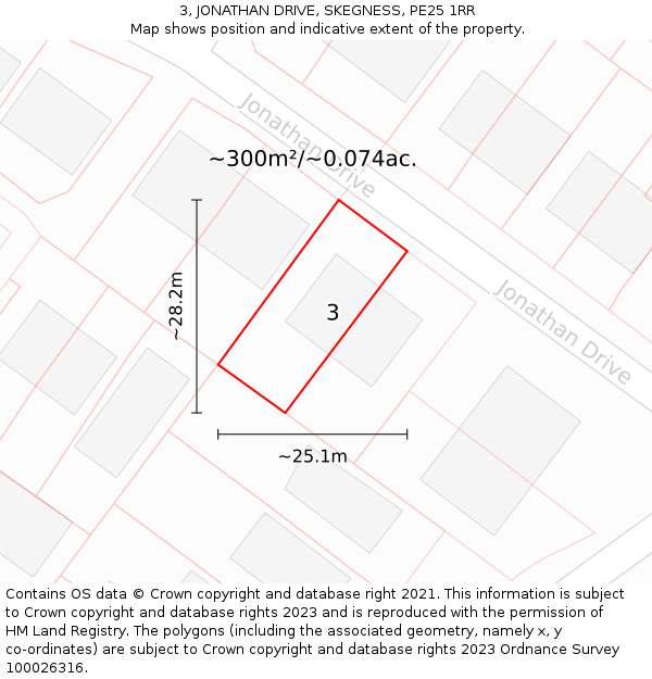 3, JONATHAN DRIVE, SKEGNESS, PE25 1RR: Plot and title map