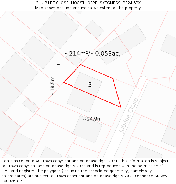 3, JUBILEE CLOSE, HOGSTHORPE, SKEGNESS, PE24 5PX: Plot and title map