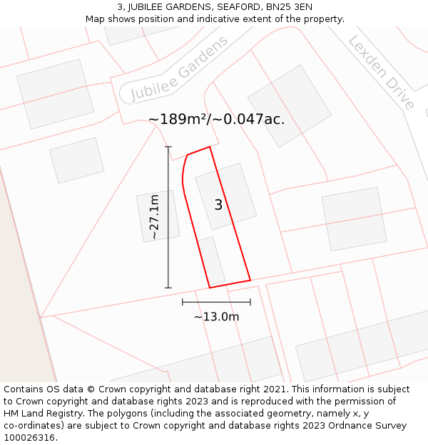 3, JUBILEE GARDENS, SEAFORD, BN25 3EN: Plot and title map