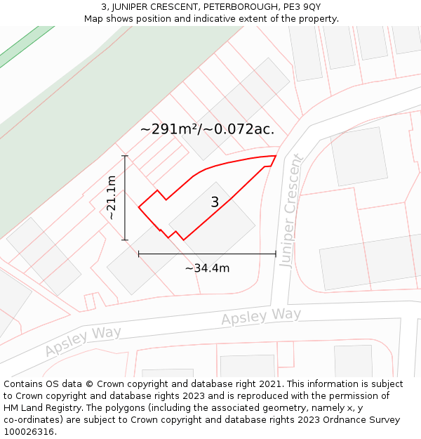 3, JUNIPER CRESCENT, PETERBOROUGH, PE3 9QY: Plot and title map