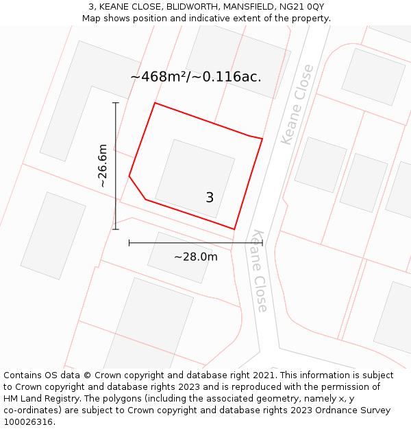 3, KEANE CLOSE, BLIDWORTH, MANSFIELD, NG21 0QY: Plot and title map