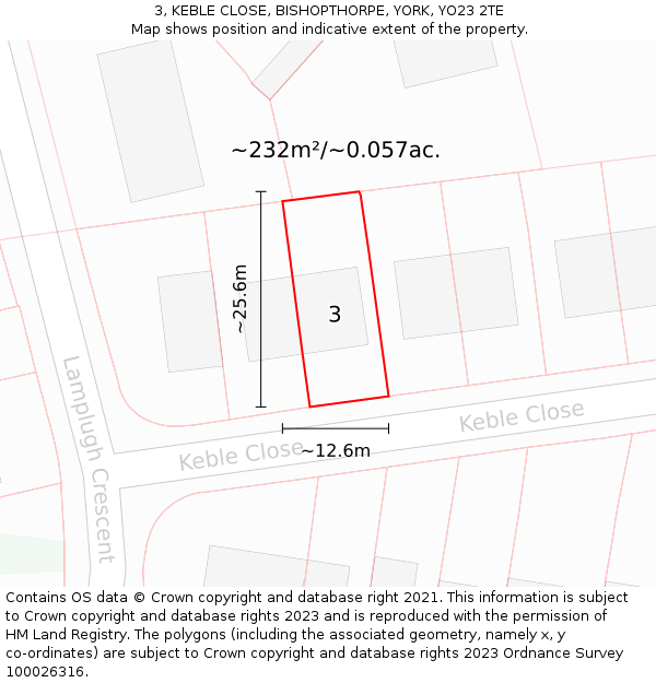 3, KEBLE CLOSE, BISHOPTHORPE, YORK, YO23 2TE: Plot and title map