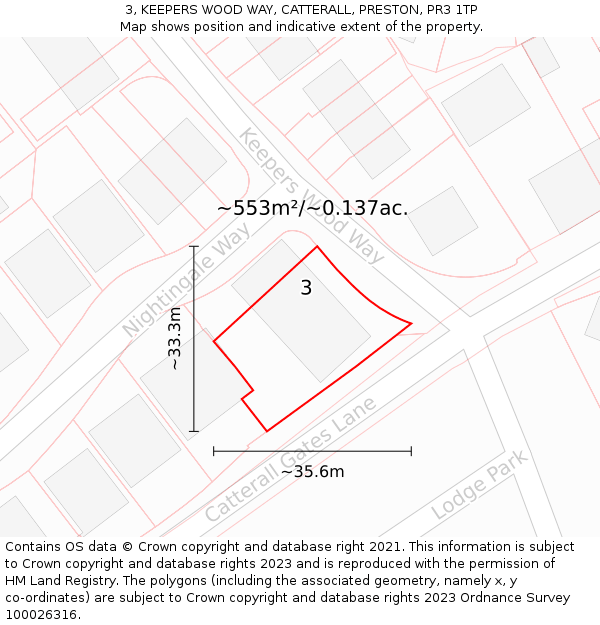 3, KEEPERS WOOD WAY, CATTERALL, PRESTON, PR3 1TP: Plot and title map