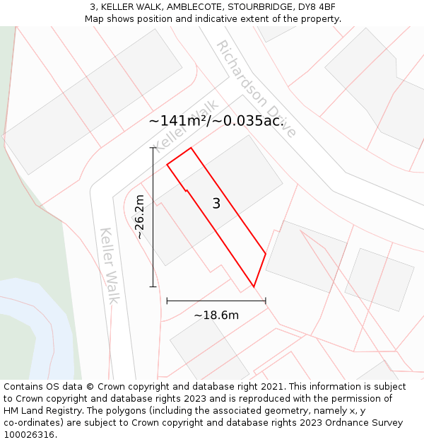 3, KELLER WALK, AMBLECOTE, STOURBRIDGE, DY8 4BF: Plot and title map
