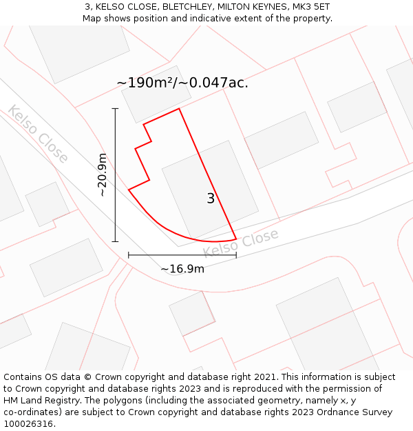 3, KELSO CLOSE, BLETCHLEY, MILTON KEYNES, MK3 5ET: Plot and title map