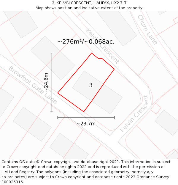 3, KELVIN CRESCENT, HALIFAX, HX2 7LT: Plot and title map